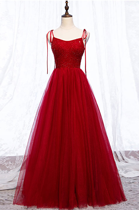Burgundy lace tulle long prom dress, burgundy bridesmaid dress – dresstby