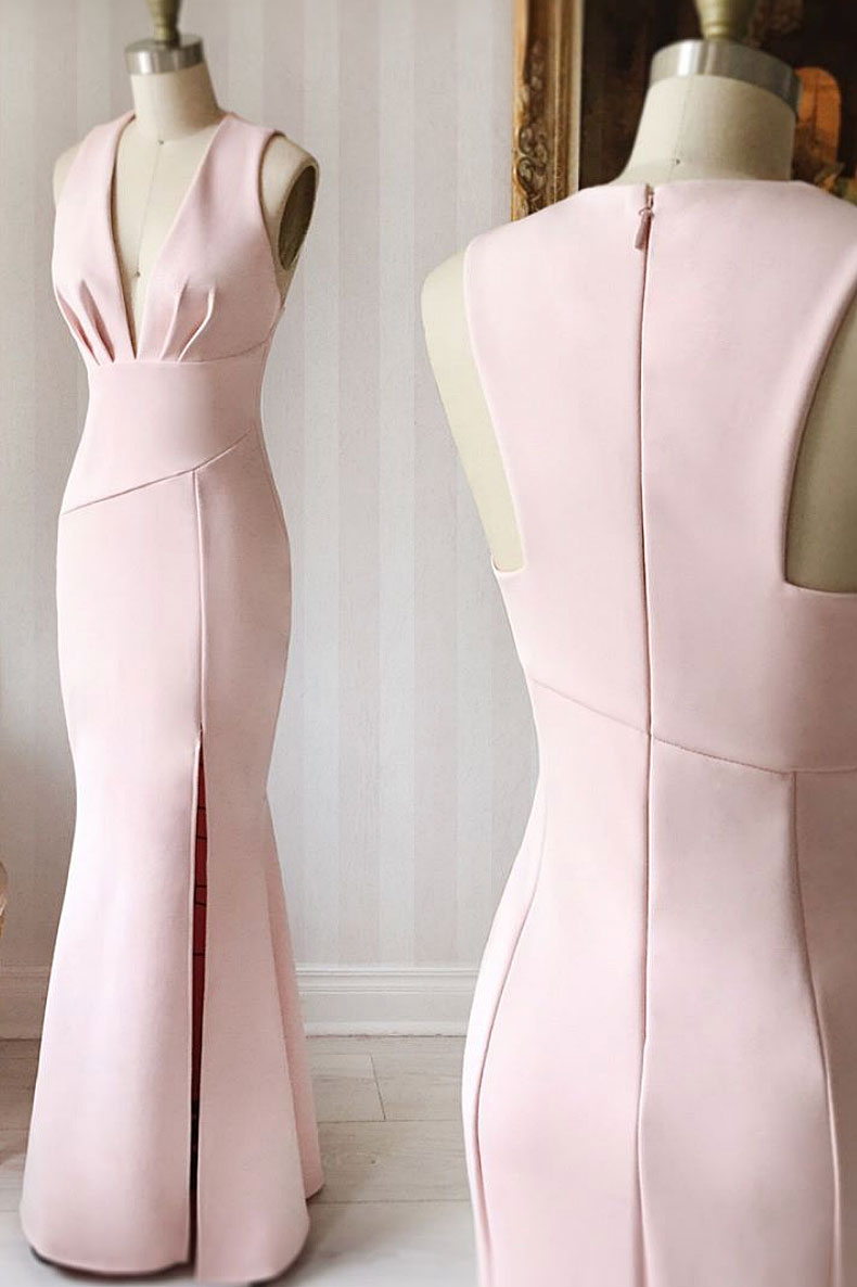 Pink satin mermaid long prom dress, pink evening dress