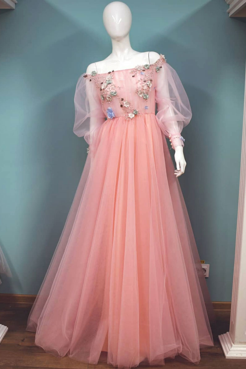 Pink tulle lace long prom dress, tulle lace evening dress