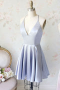 Light blue v neck short prom dress, blue homecoming dress
