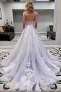 Gray v neck tulle lace long prom dress gray tulle evening dress