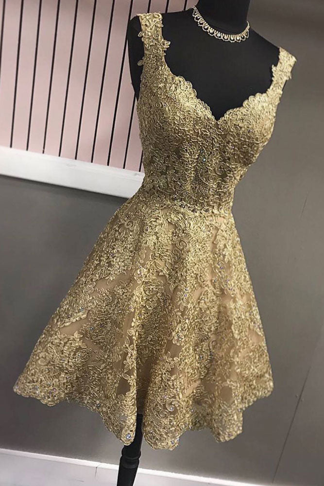 Gold v neck lace short prom dress, gold homecoming dress dresstby Gold v neck lace short prom dress, gold homecoming dress dresstby