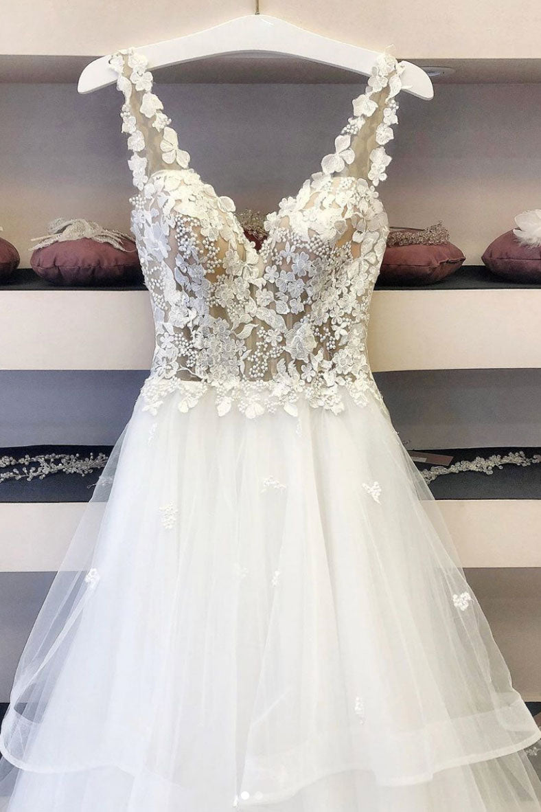 White v neck tulle lace long prom dress white lace evening dress