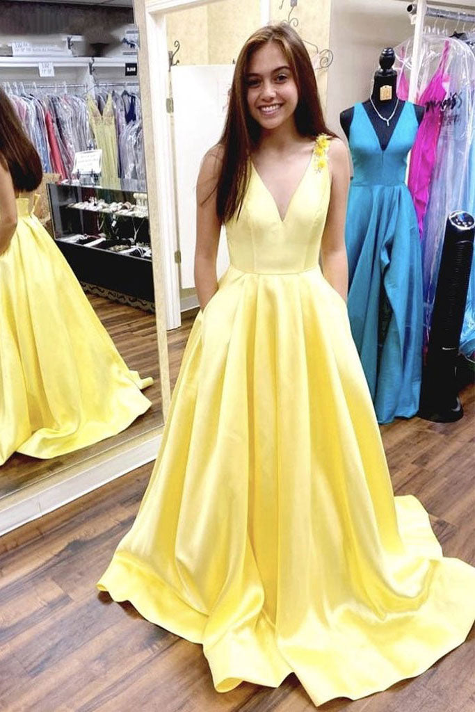 Simple v neck satin yellow long prom dress yellow evening dress