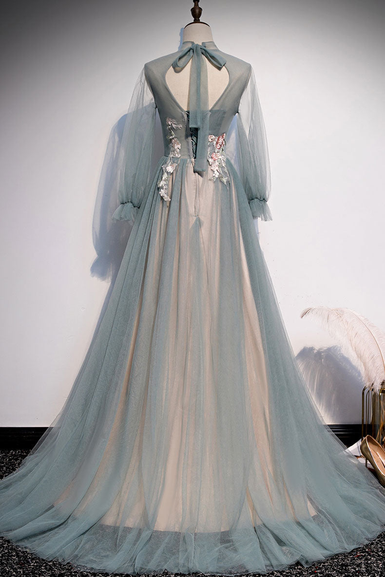 Unique A-line tulle lace long prom dress tulle lace formal dress