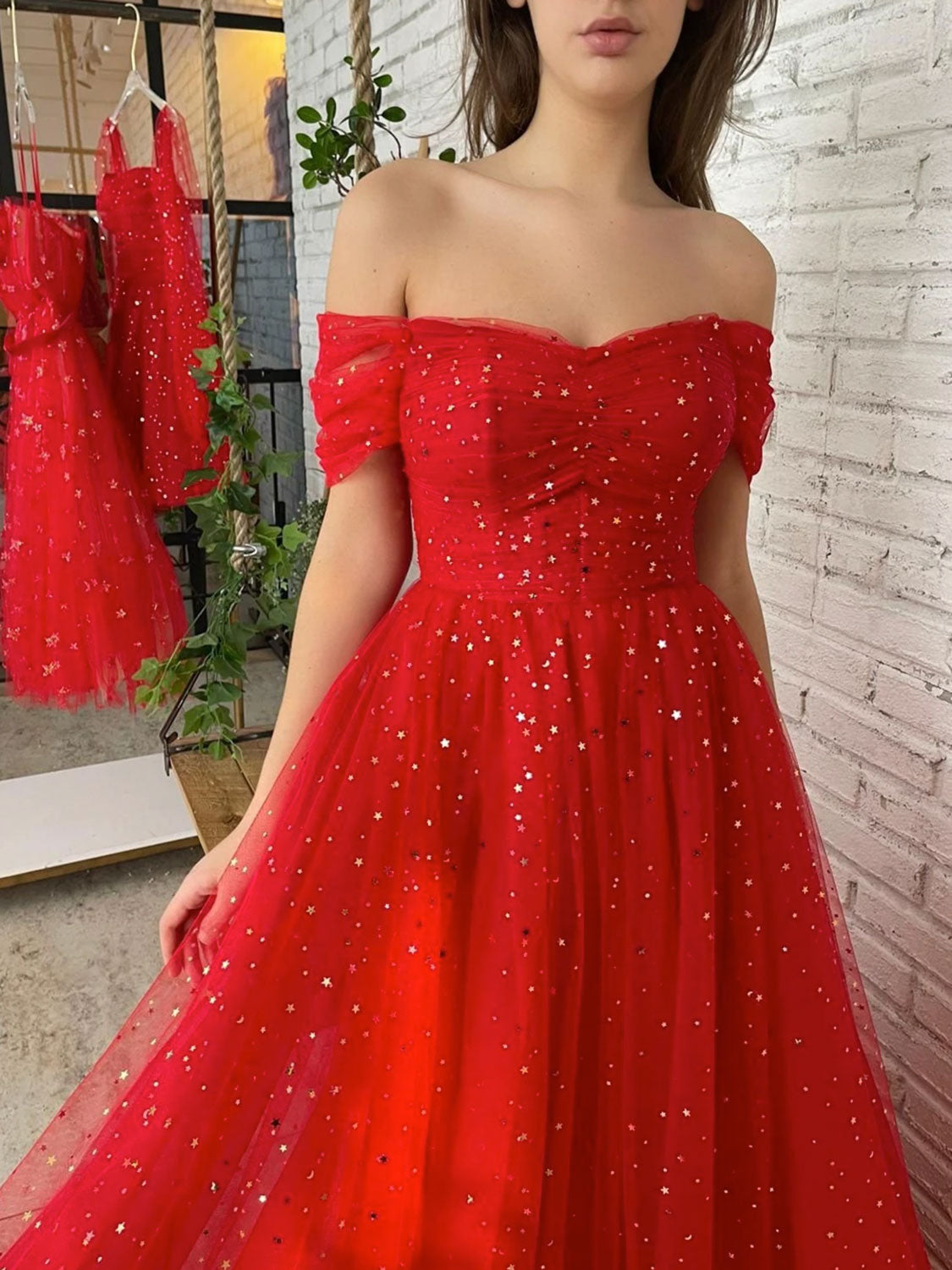 Simple red tulle off shoulder long prom dress, red tulle formal dress