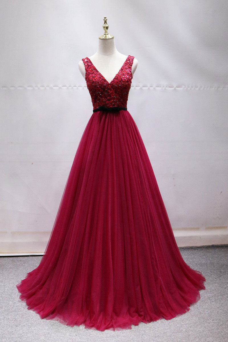 Burgundy tulle lace long prom dress, burgundy lace formal dress dresstby Burgundy tulle lace long prom dress, burgundy lace formal dress dresstby