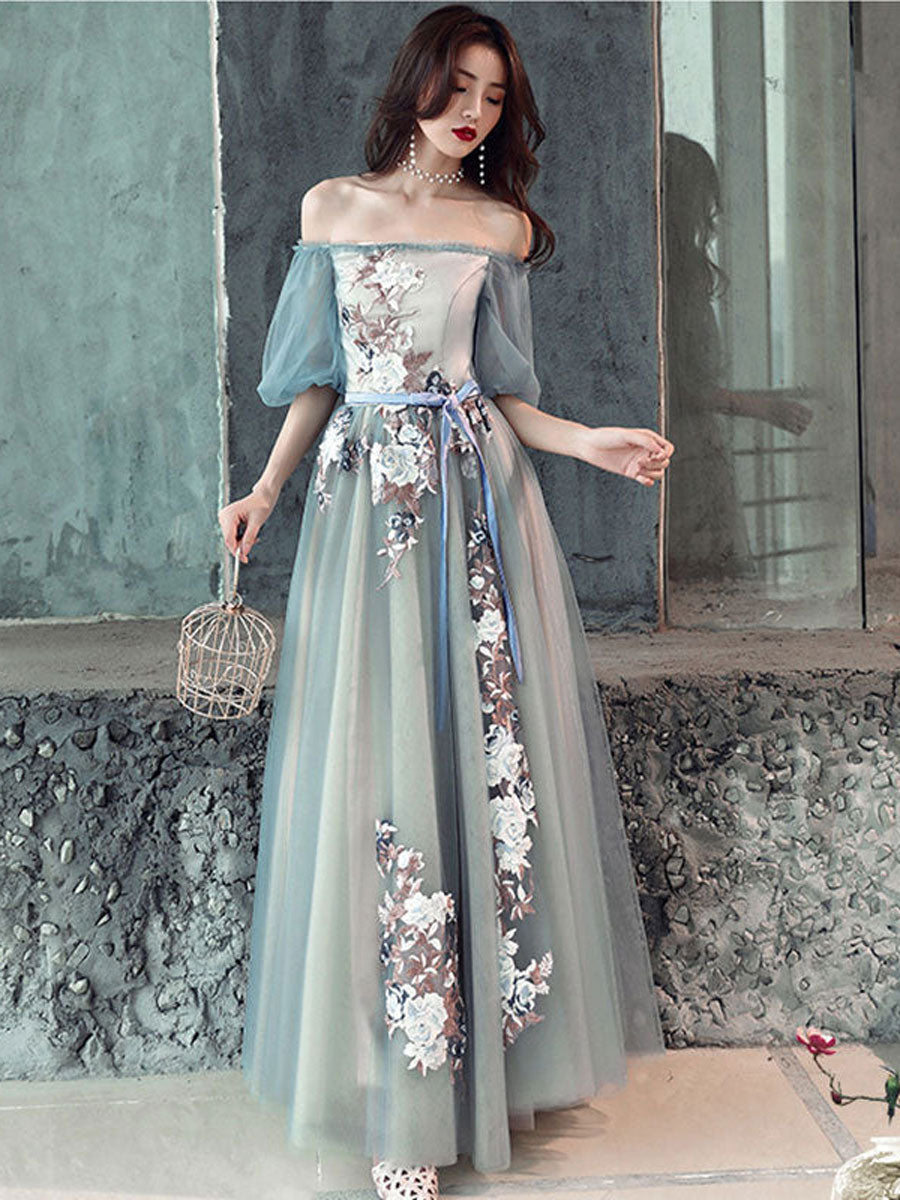 Gray blue tulle lace long prom dress, gray tulle formal dress dresstby Gray blue tulle lace long prom dress, gray tulle formal dress dresstby