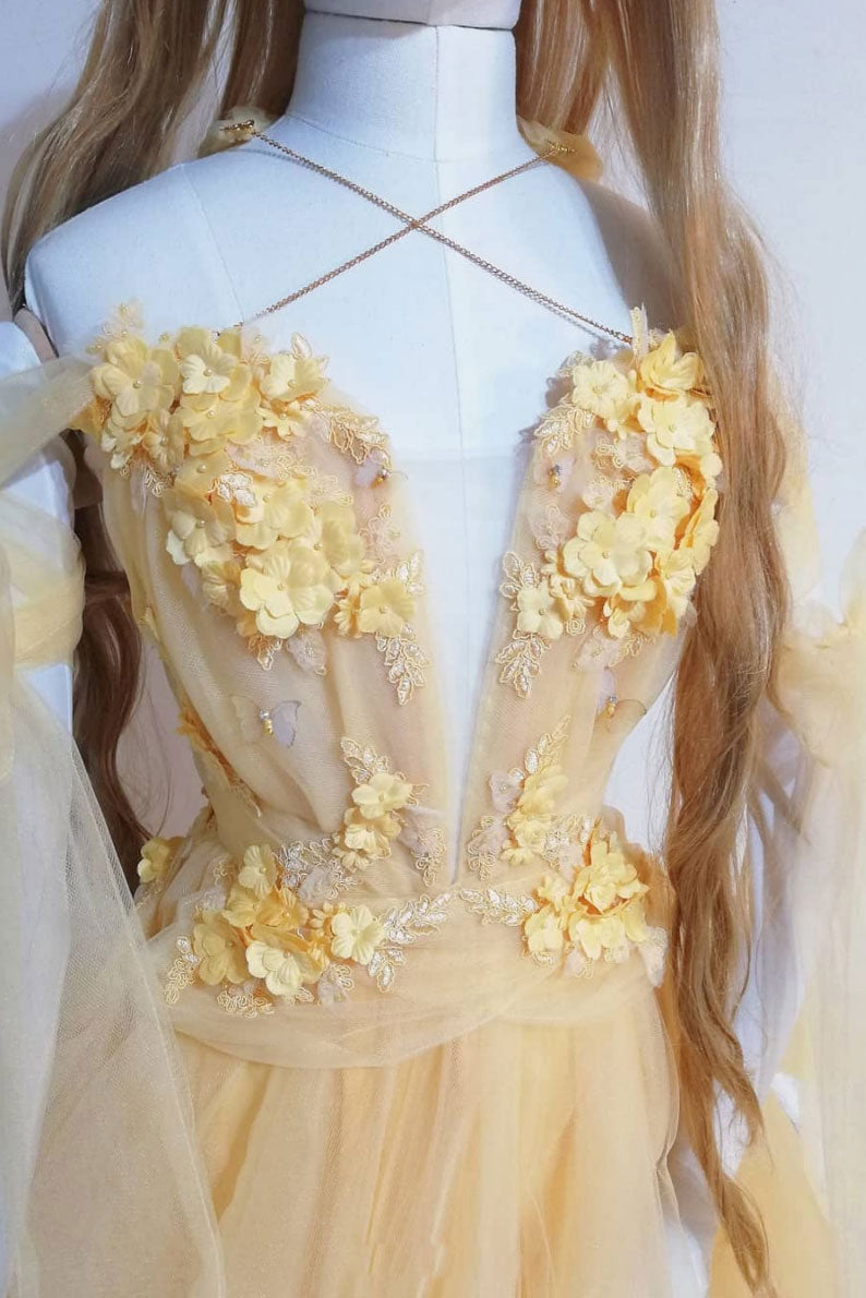 Yellow sweetheart lace tulle long prom dress yellow formal dress