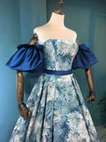 Unique A line satin long prom dress, blue evening dress