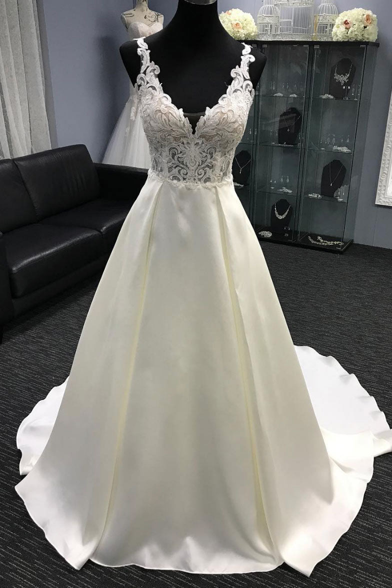White v neck lace applique satin long prom dress, white evening dress dresstby White v neck lace applique satin long prom dress, white evening dress dresstby
