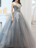 Gray sweetheart neck tulle long prom dress, gray tulle formal dress