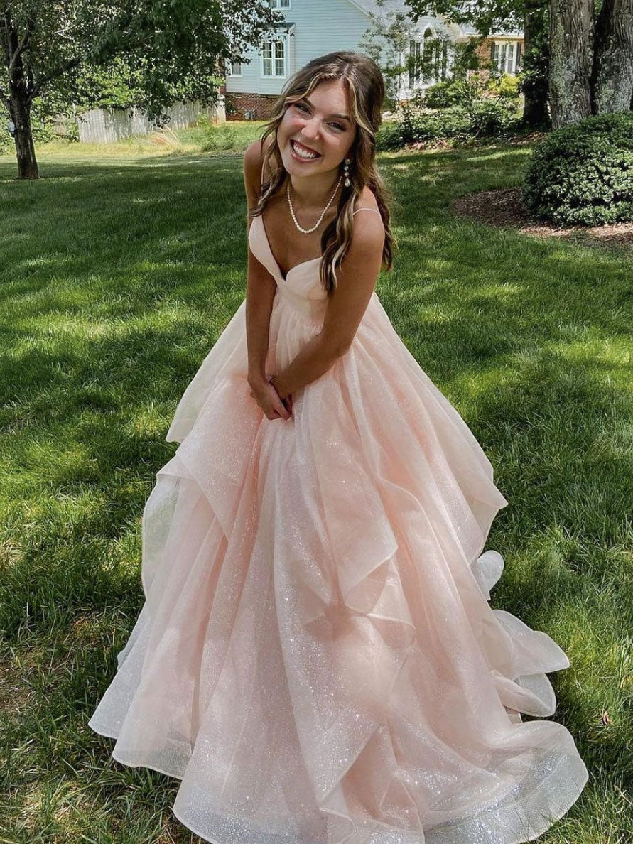 Pink v neck tulle long prom dress, pink tulle formal dress dresstby Pink v neck tulle long prom dress, pink tulle formal dress dresstby