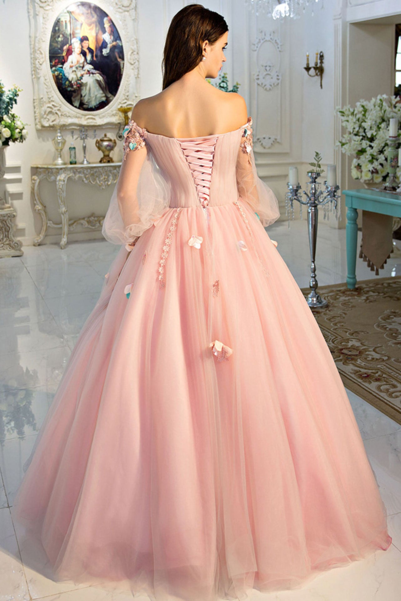 Pink off shoulder tulle long prom dress, sweet 16 dress