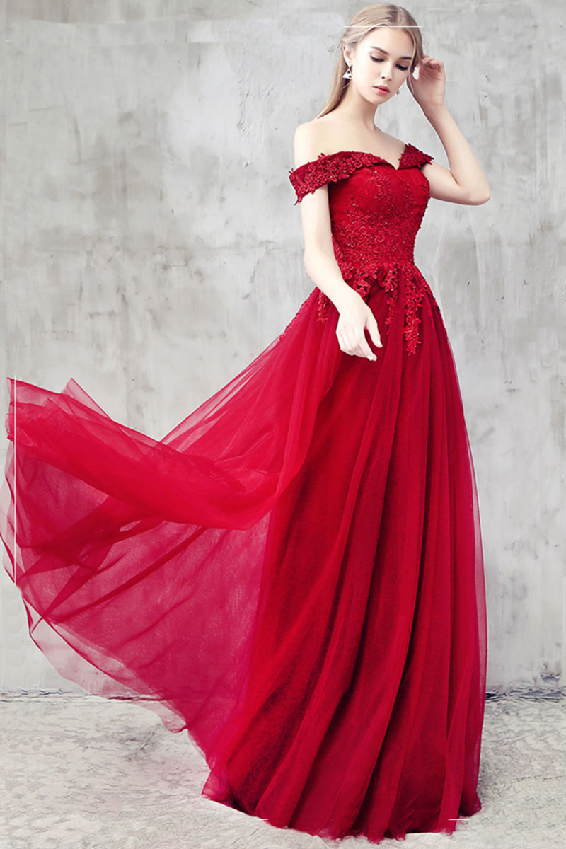 Burgundy tulle lace off shoulder prom dress, burgundy bridesmaid dress dresstby Burgundy tulle lace off shoulder prom dress, burgundy bridesmaid dress dresstby