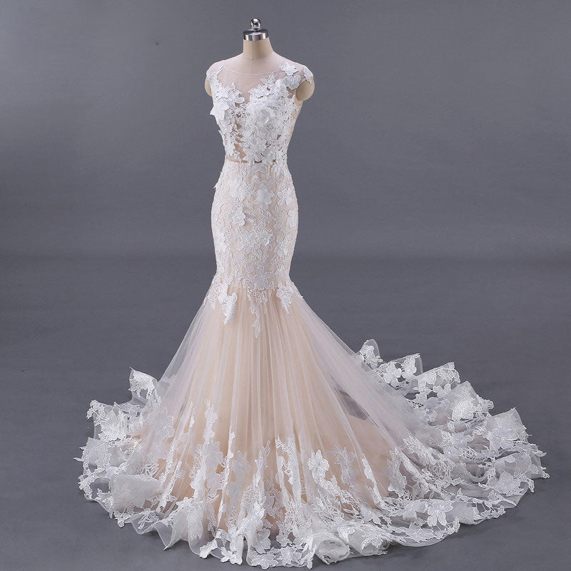 Unique champagne tulle lace long prom dress, unique evening dress
