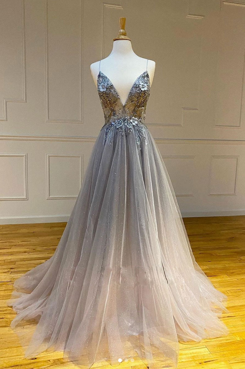 Gray v neck tulle long prom dress gray tulle formal dress dresstby Gray v neck tulle long prom dress gray tulle formal dress dresstby