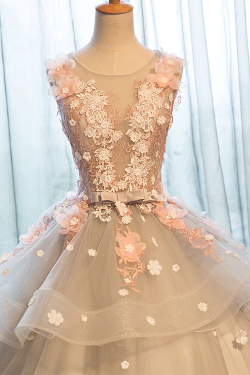 Cute round neck lace applique long prom gown, lace evening dress