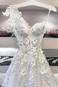 White sweetheart neck lace applique long prom dress, white evening dress
