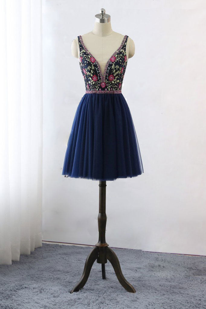 Dark blue v neck lace tulle short prom dress, blue homecoming dress dresstby Dark blue v neck lace tulle short prom dress, blue homecoming dress dresstby