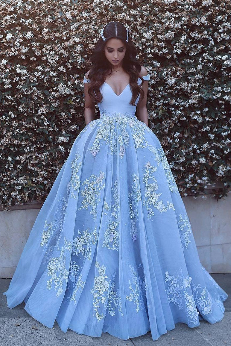 Blue tulle lace off shoulder long prom dress, blue tulle evening dress dresstby Blue tulle lace off shoulder long prom dress, blue tulle evening dress dresstby