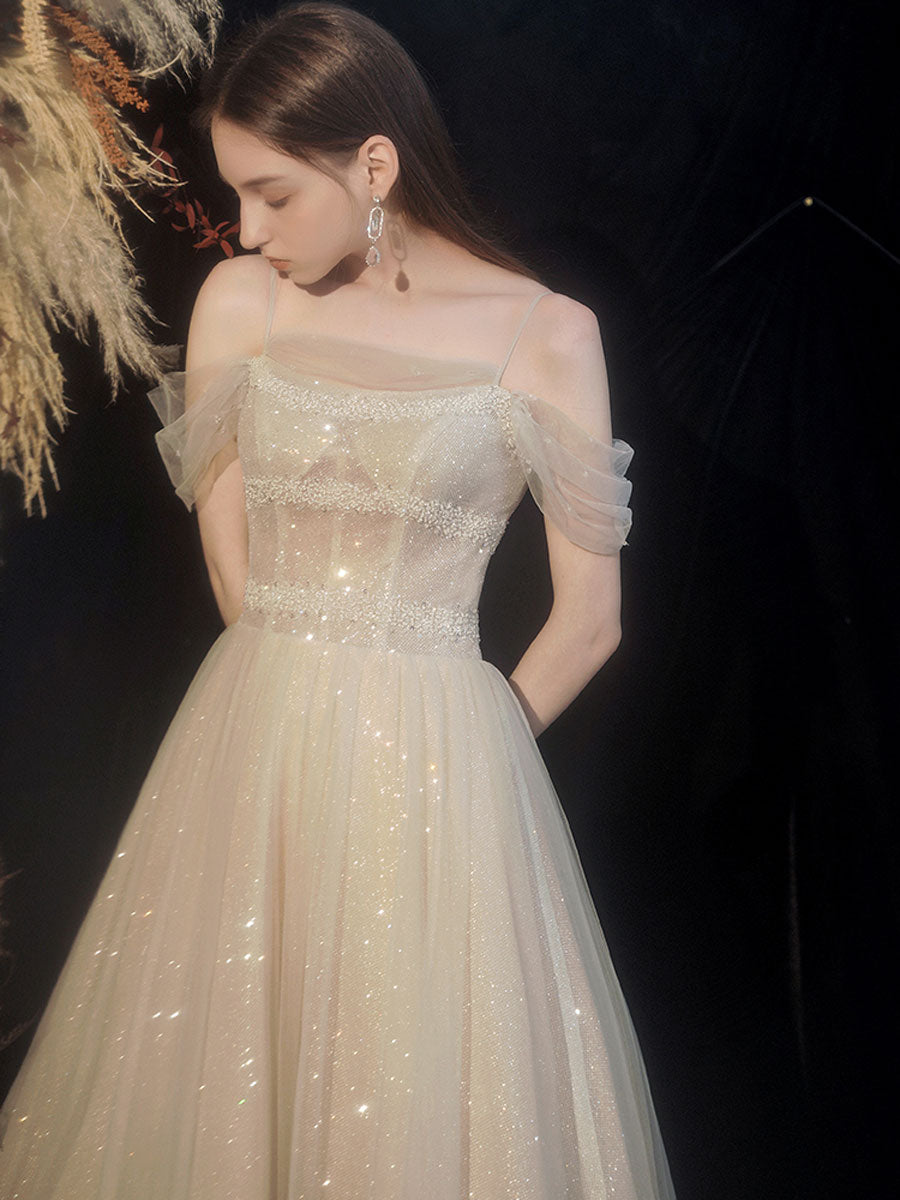 Champagne tulle sequin long prom dress, tulle formal dress