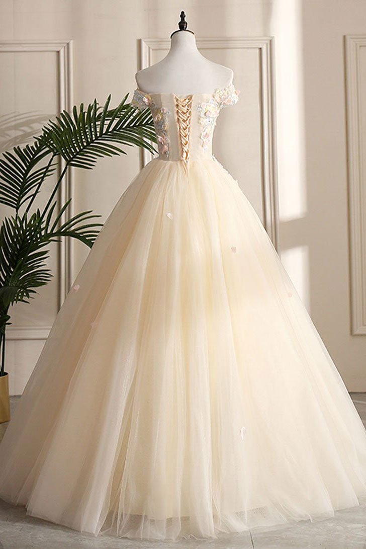 Champagne tulle lace long prom dress, champagne evening dress