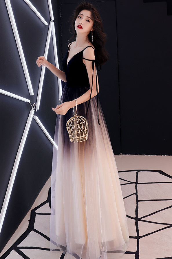 Unique black tulle long prom dress, black tulle evening dress