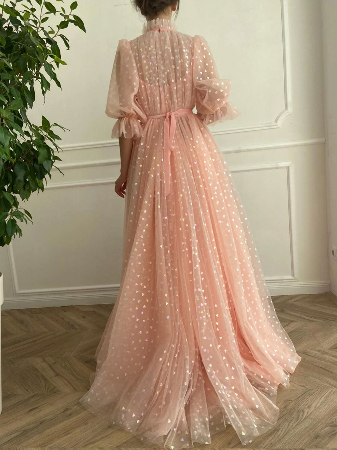 Pink high neck tulle long prom dress, pink tulle formal dress