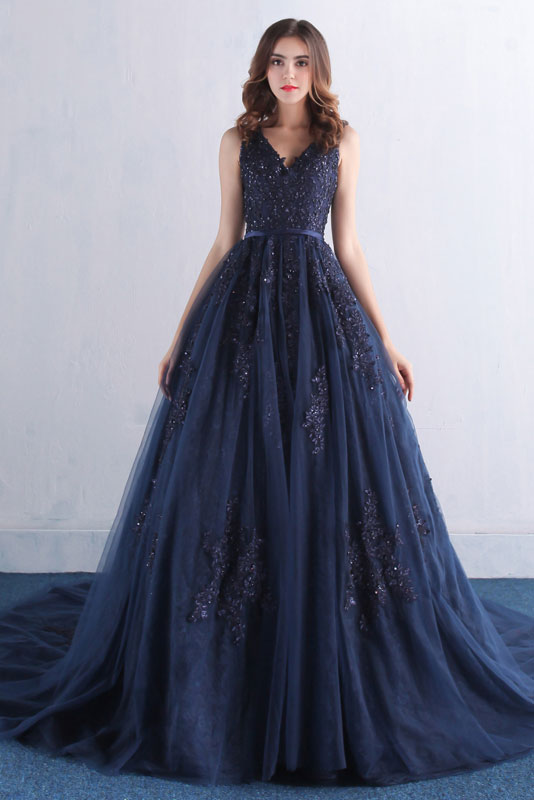 Dark blue v neck tulle lace long prom dress, blue evening dress dresstby Dark blue v neck tulle lace long prom dress, blue evening dress dresstby