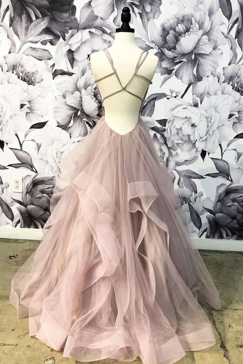 Champagne v neck tulle long prom dress, tulle evening dress