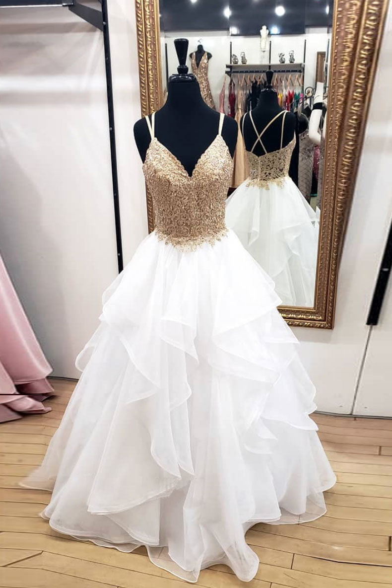 White v neck tulle lace long prom dress, white evening dress