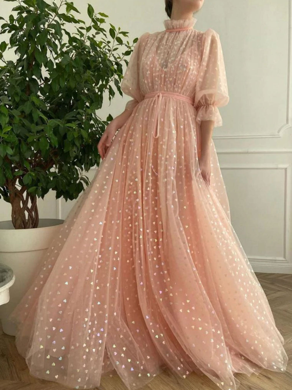 Pink high neck tulle long prom dress, pink tulle formal dress