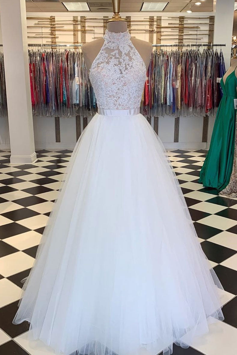 White high neck tulle lace long prom dress white lace evening dress