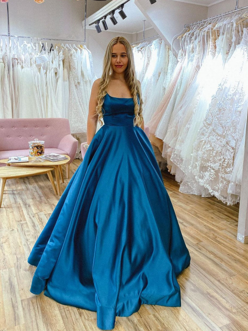 Simple blue satin backless long prom dress, blue evening dress