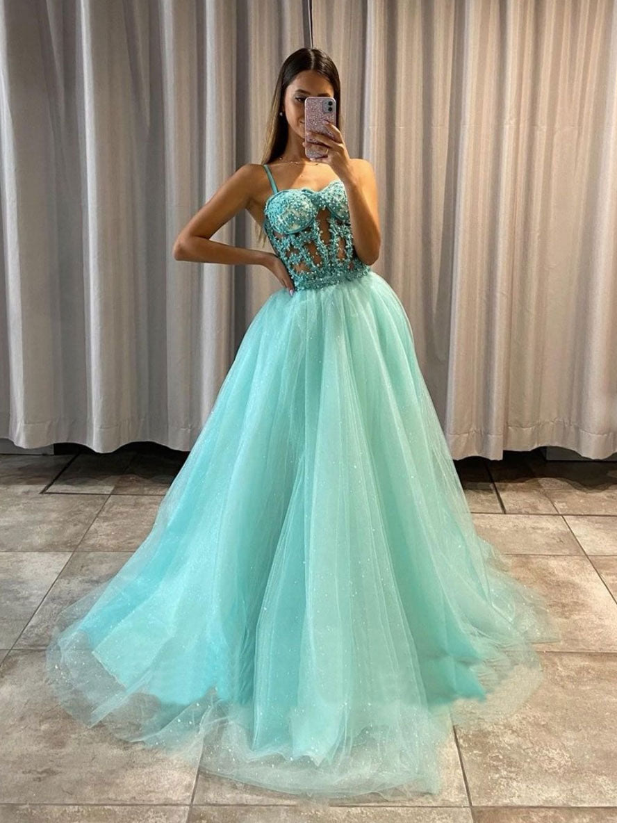 Mint Green And Champagne Off Shoulder Long Formal Dress, A-line Tulle  Evening Dress Party Dress