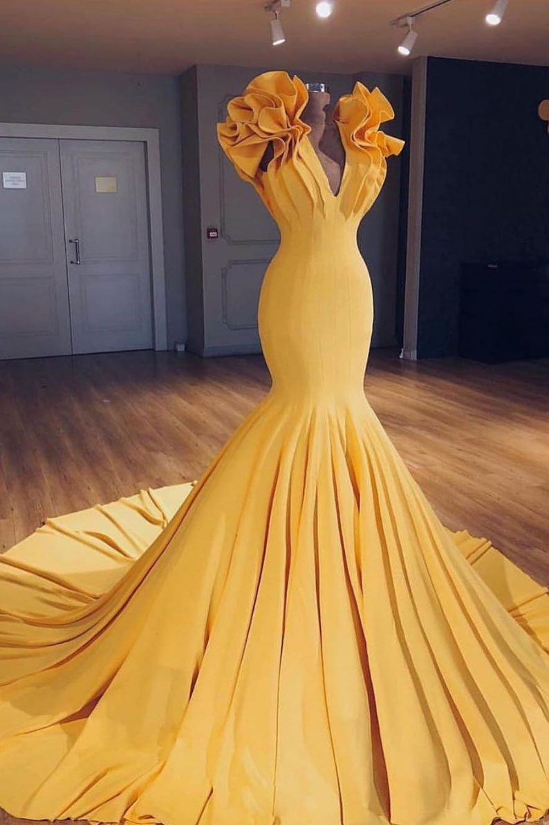 Yellow satin mermaid long prom dress, yellow evening dress dresstby Yellow satin mermaid long prom dress, yellow evening dress dresstby