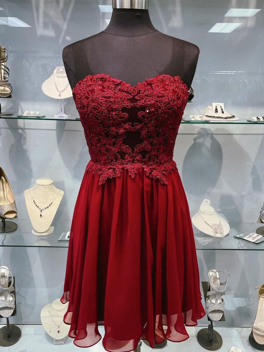 Burgundy sweetheart neck chiffon lace short prom dress dresstby Burgundy sweetheart neck chiffon lace short prom dress dresstby