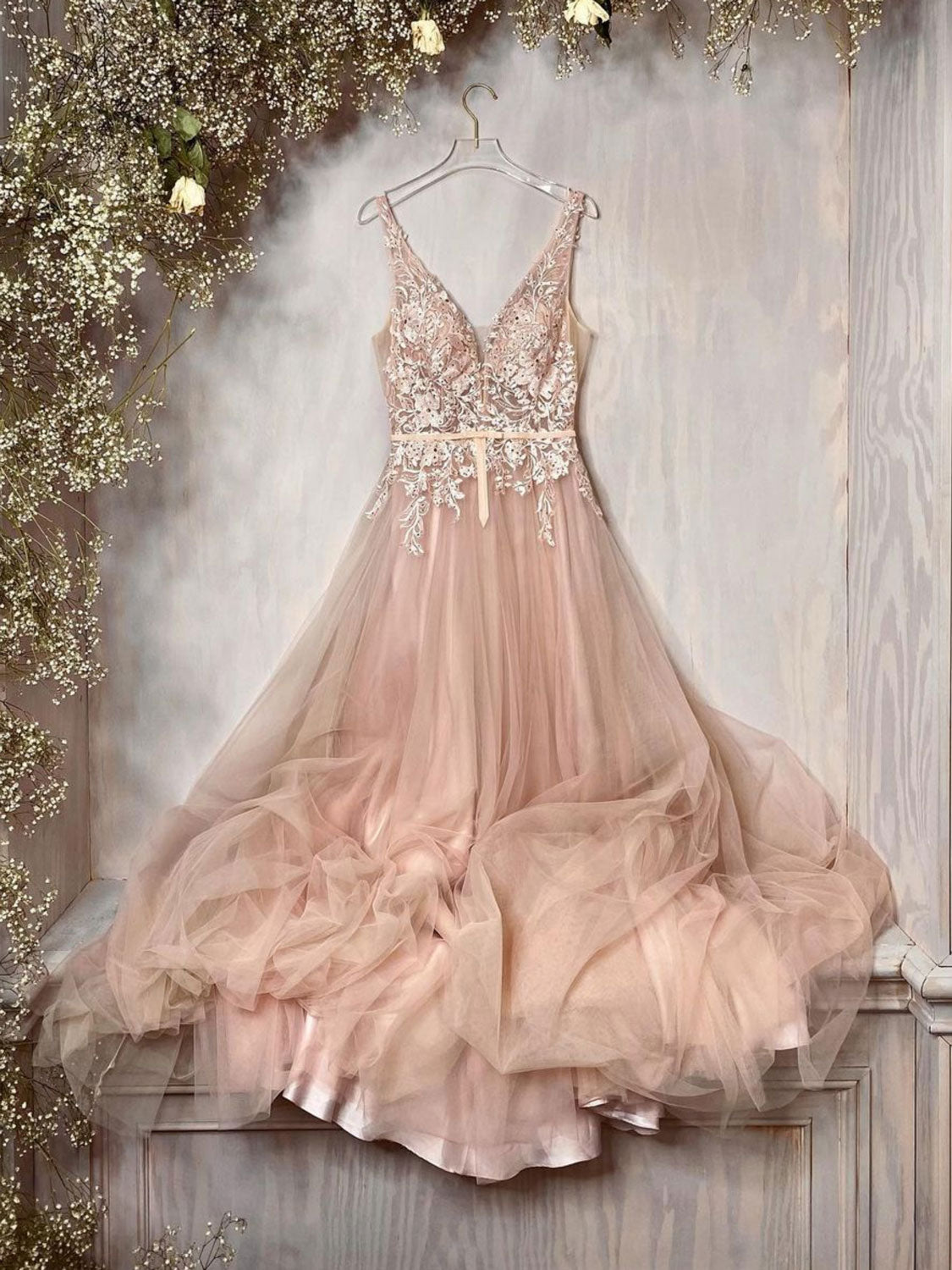 Champagne v neck tulle lace long prom dress, A line bridesmaid dress dresstby Champagne v neck tulle lace long prom dress, A line bridesmaid dress dresstby
