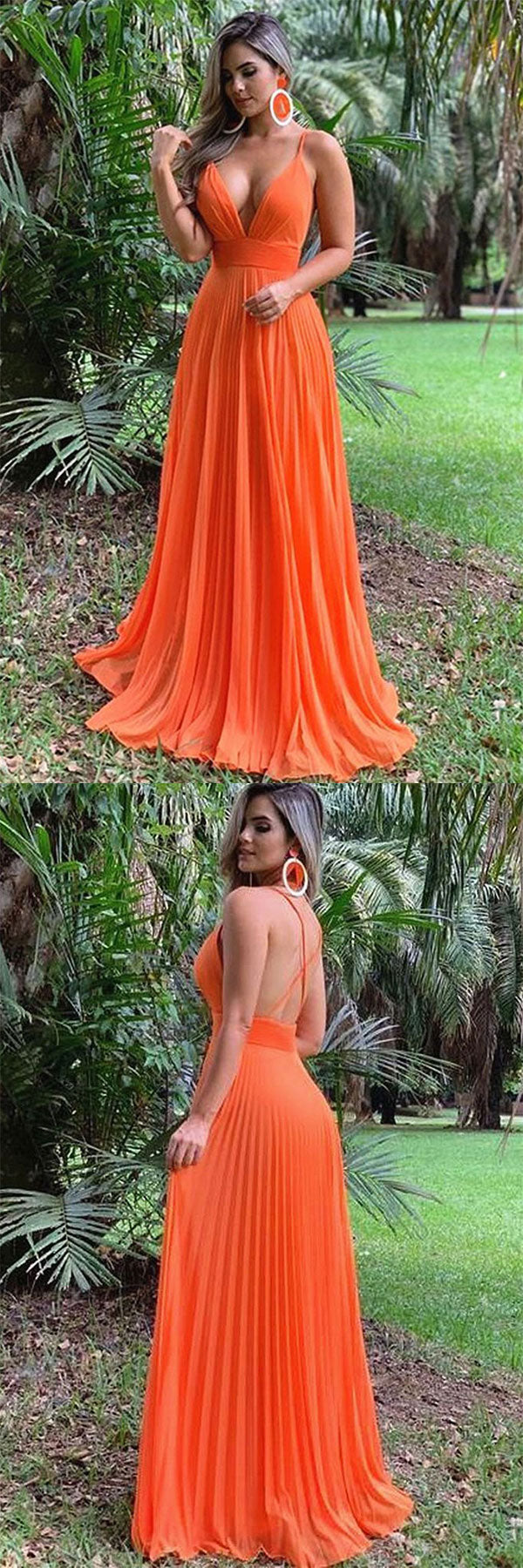 Simple v neck chiffon long prom dress chiffon evening dress