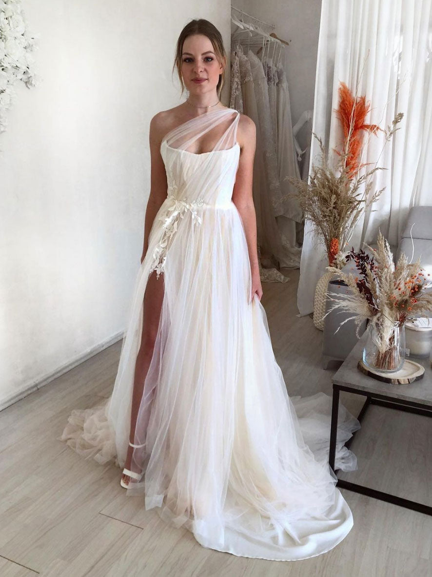 Light champagne one shoulder lace tulle long prom dress, champagne eve dresstby Light champagne one shoulder lace tulle long prom dress, champagne eve dresstby