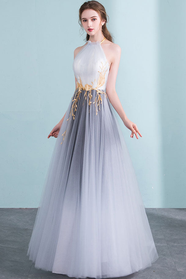 Gray high neck tulle long prom dress gray tulle formal dress