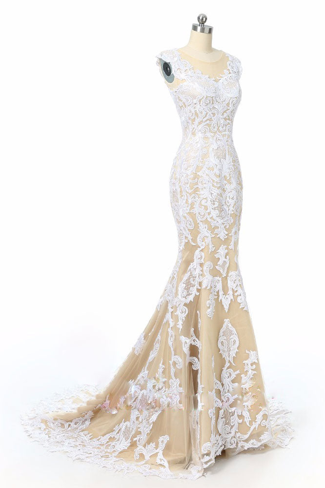 Unique champagne tulle lace long prom dress, champagne wedding dress
