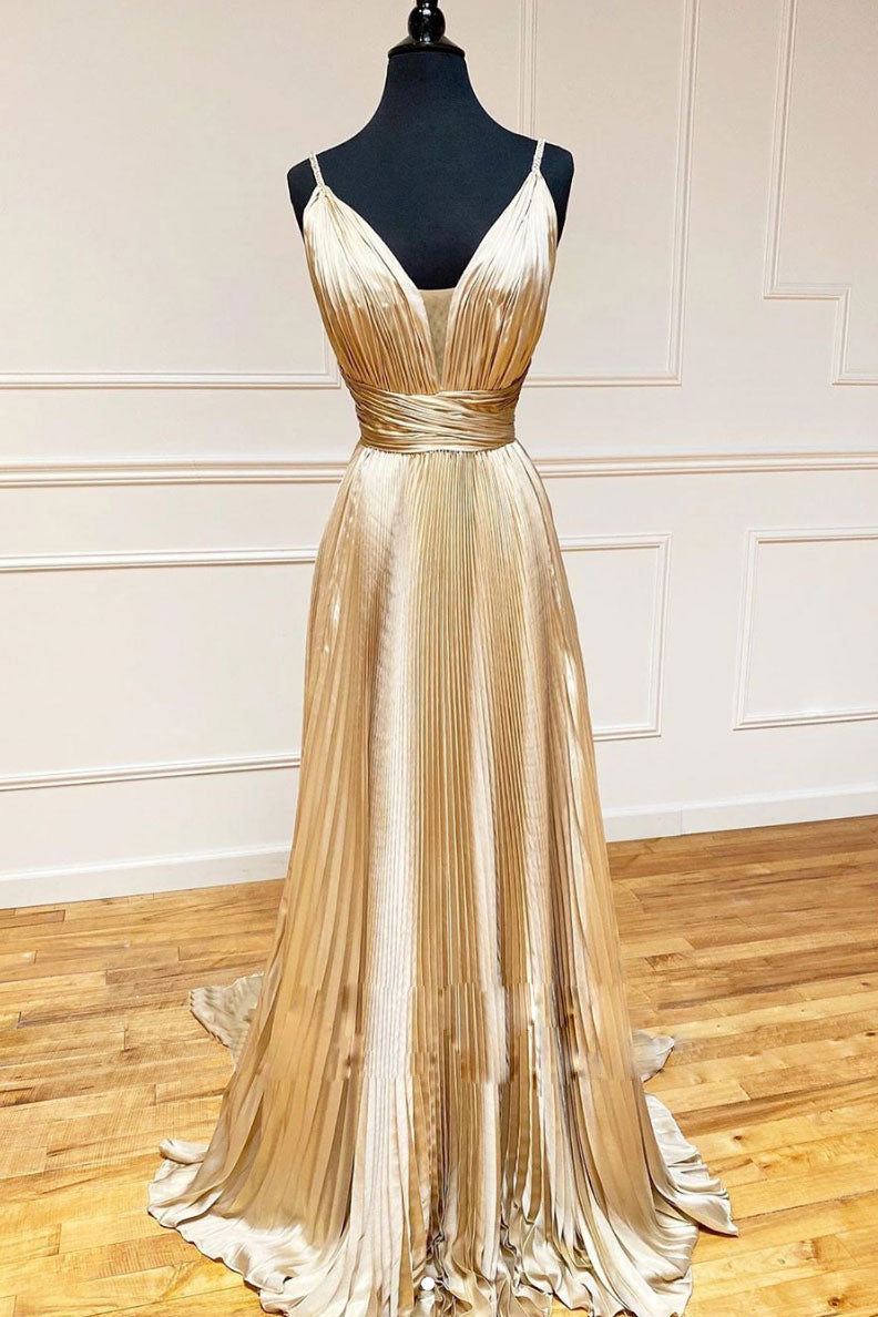 Simple v neck satin long prom dress champagne evening dress