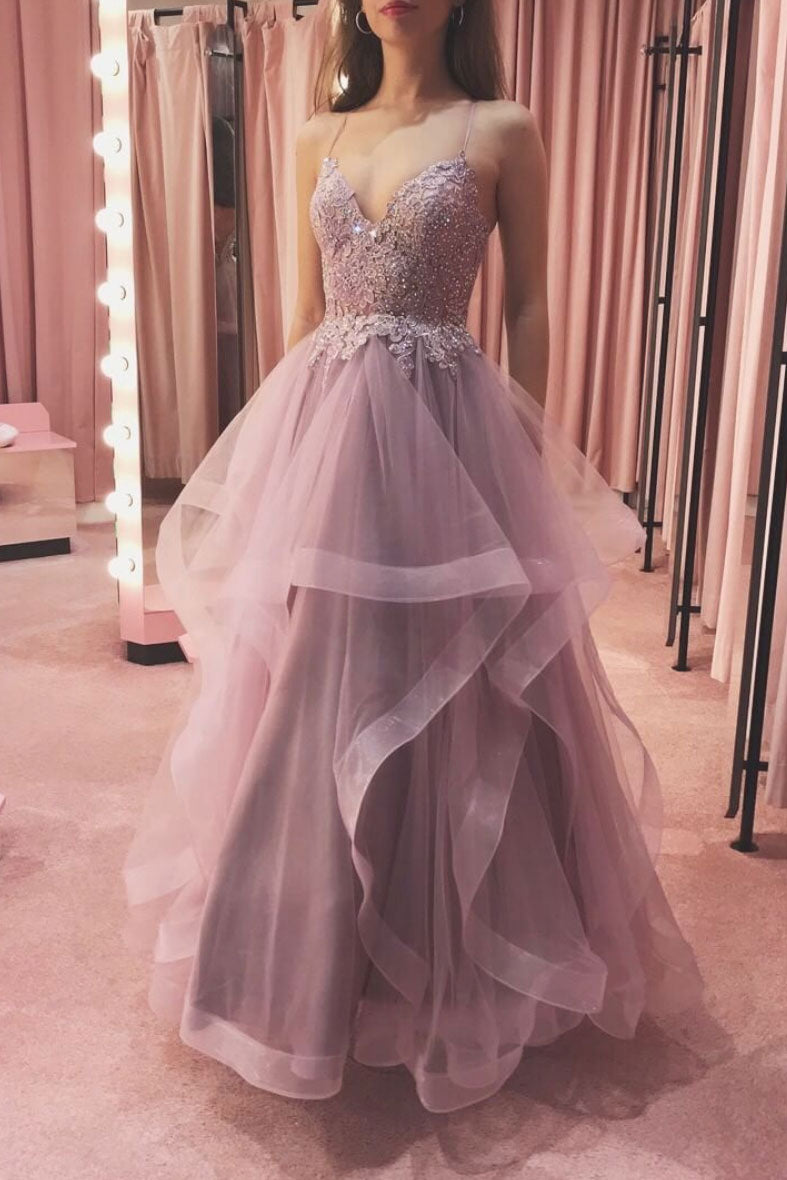 Elegant v neck tulle lace long prom dress lace tulle forma dress