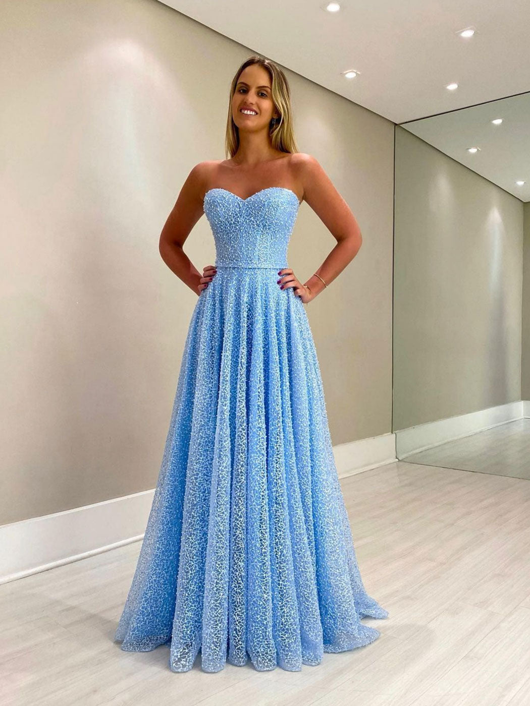 Blue sweetheart neck tulle beads long prom dress dresstby Blue sweetheart neck tulle beads long prom dress dresstby
