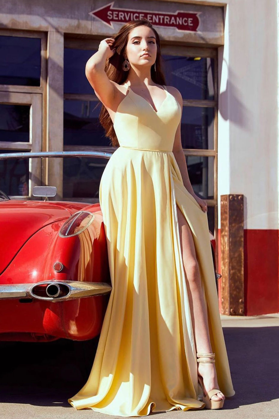 formal yellow satin dress Kate Hudson Yellow Satin V-neck Long Formal Dress