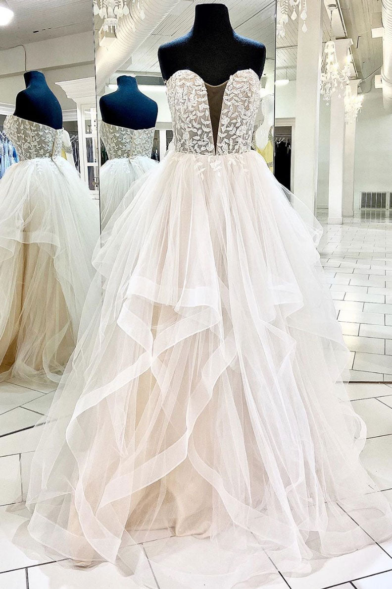 Light champagne tulle lace long prom dress lace formal dress