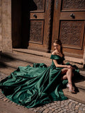 Simple off shoulder satin green long prom dress, green evening dress