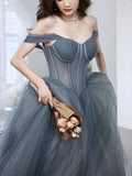 Gray blue sweetheart neck tulle long prom dress, white tulle formal dress